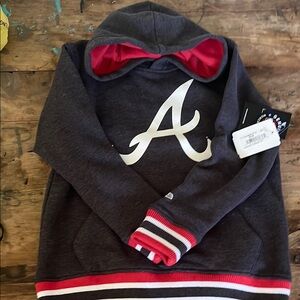 Braves. New Era . Kids Charcoal Hoodie with Red Accents.